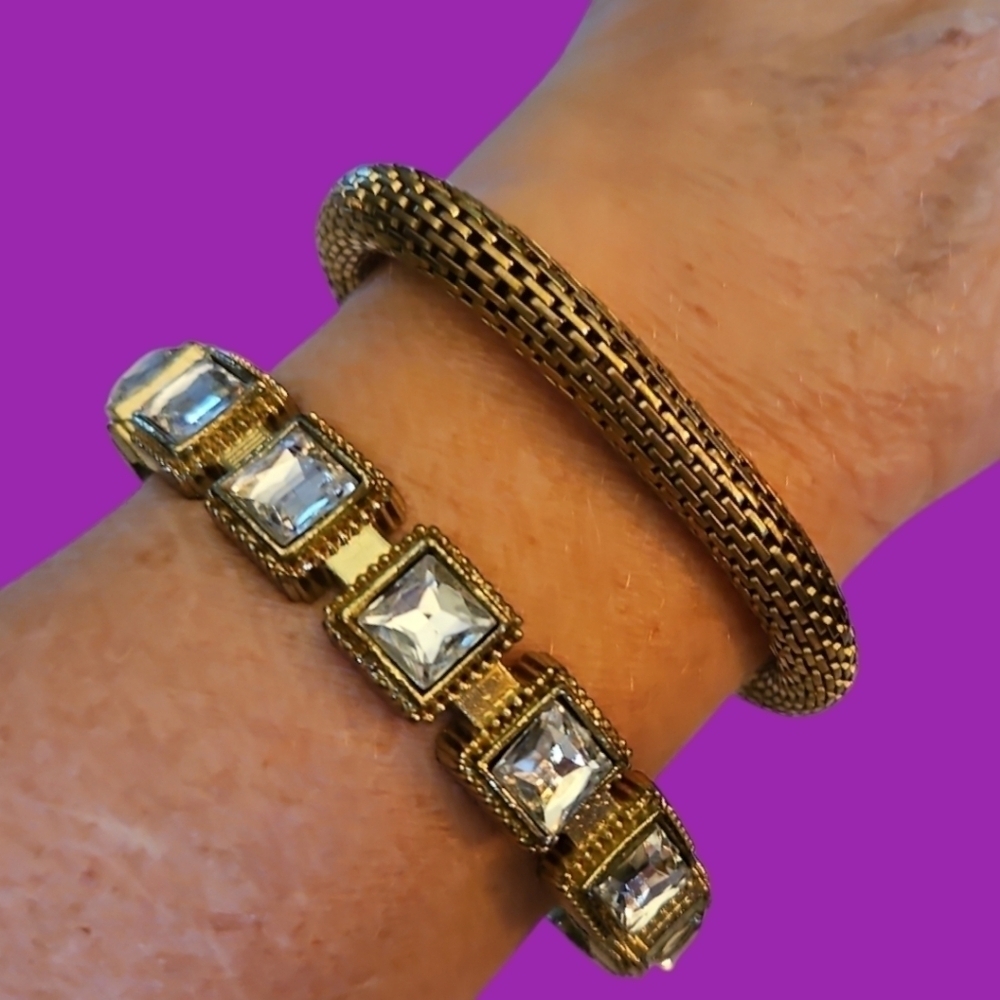 Vtg Mesh Stretch and Square Rhinestone Castlecore Bangle Arm and Wrist Bracelets